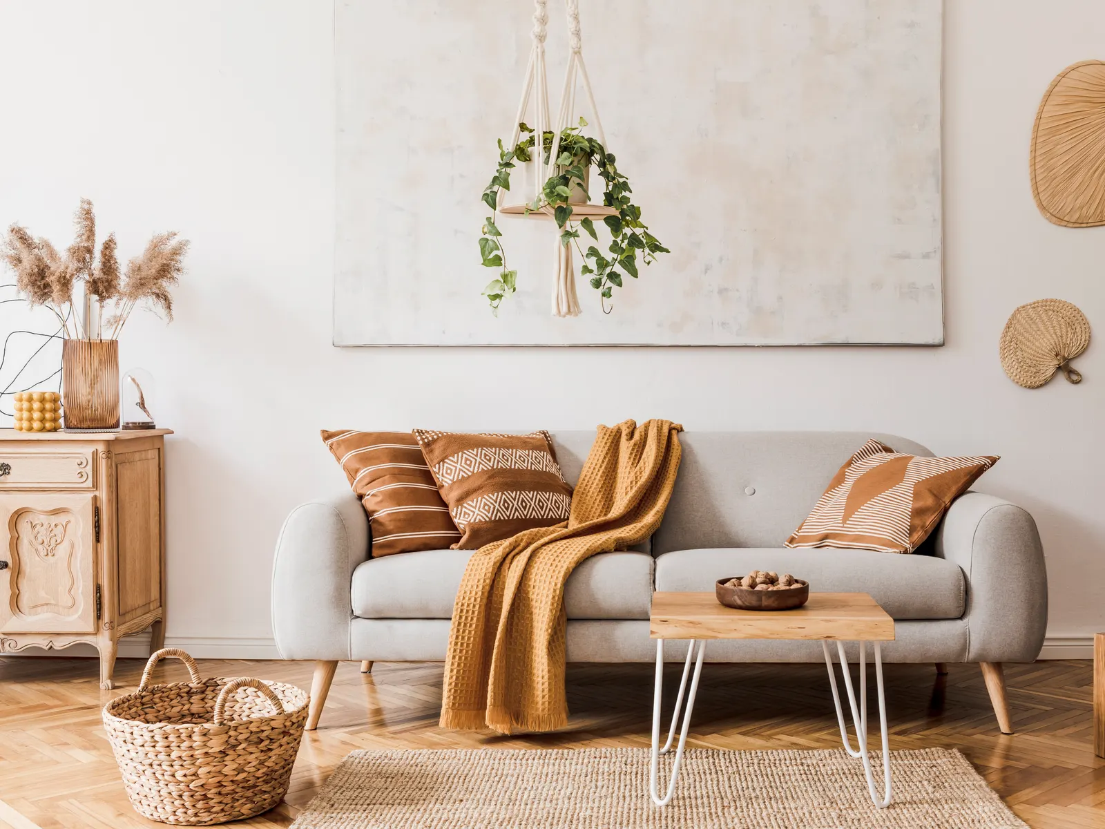 Comfortable, warmly lit living room