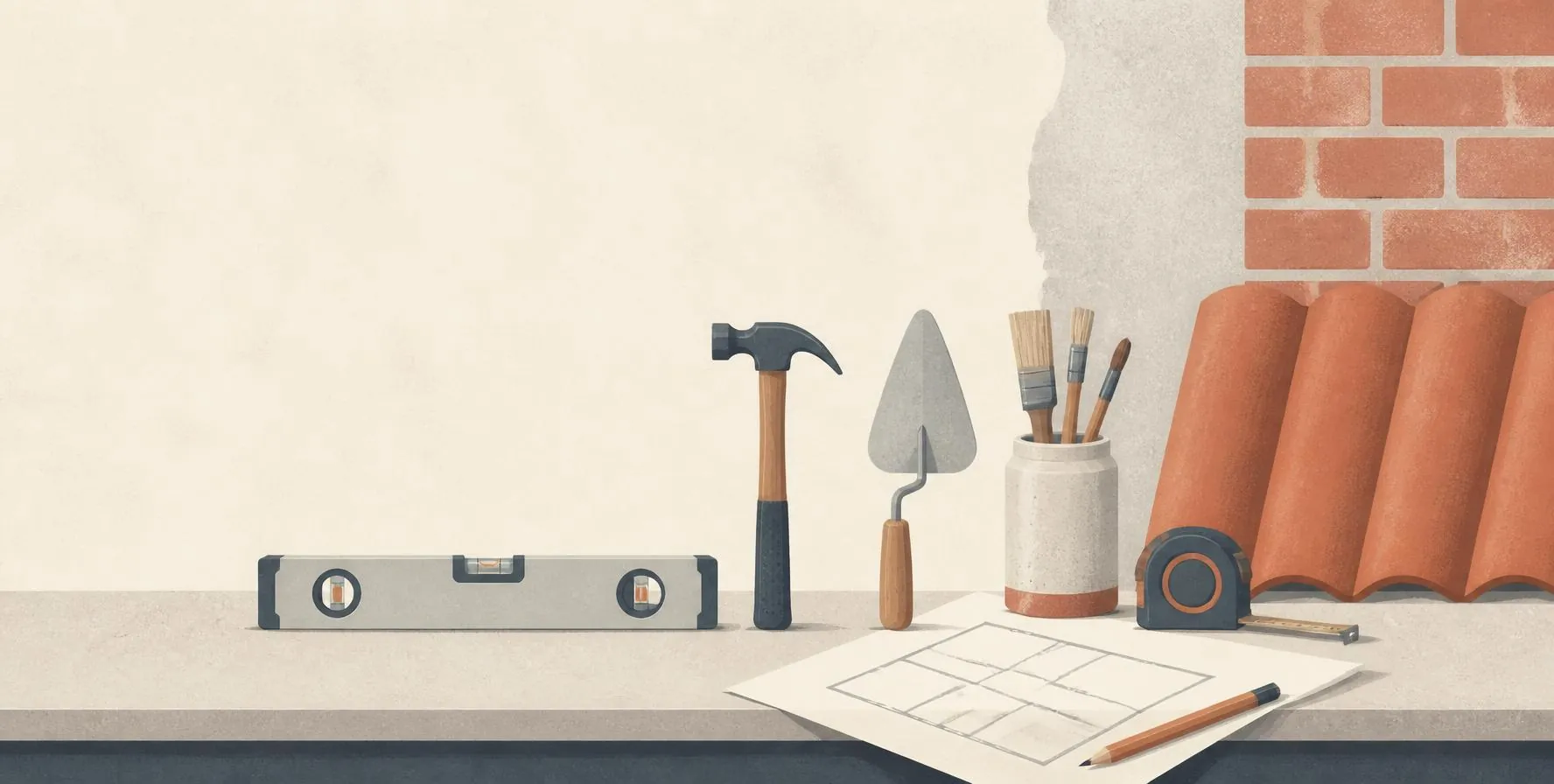 Illustration of tools, a floor plan and clay roof tiles on a workbench