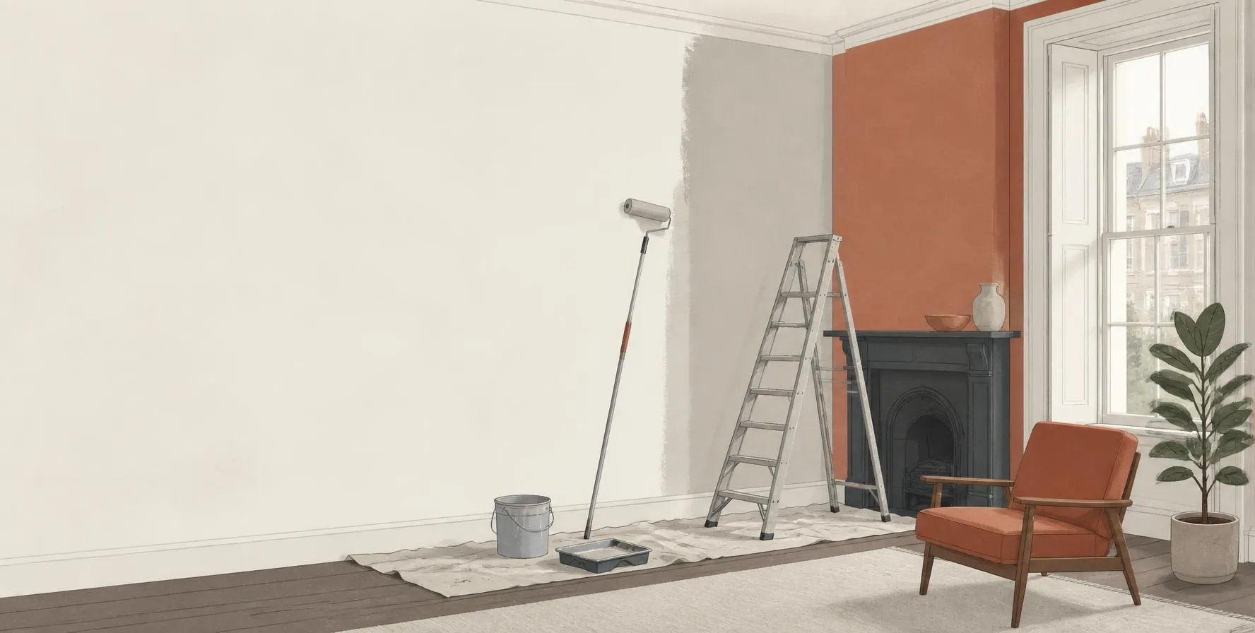Illustration of a period living room being repainted