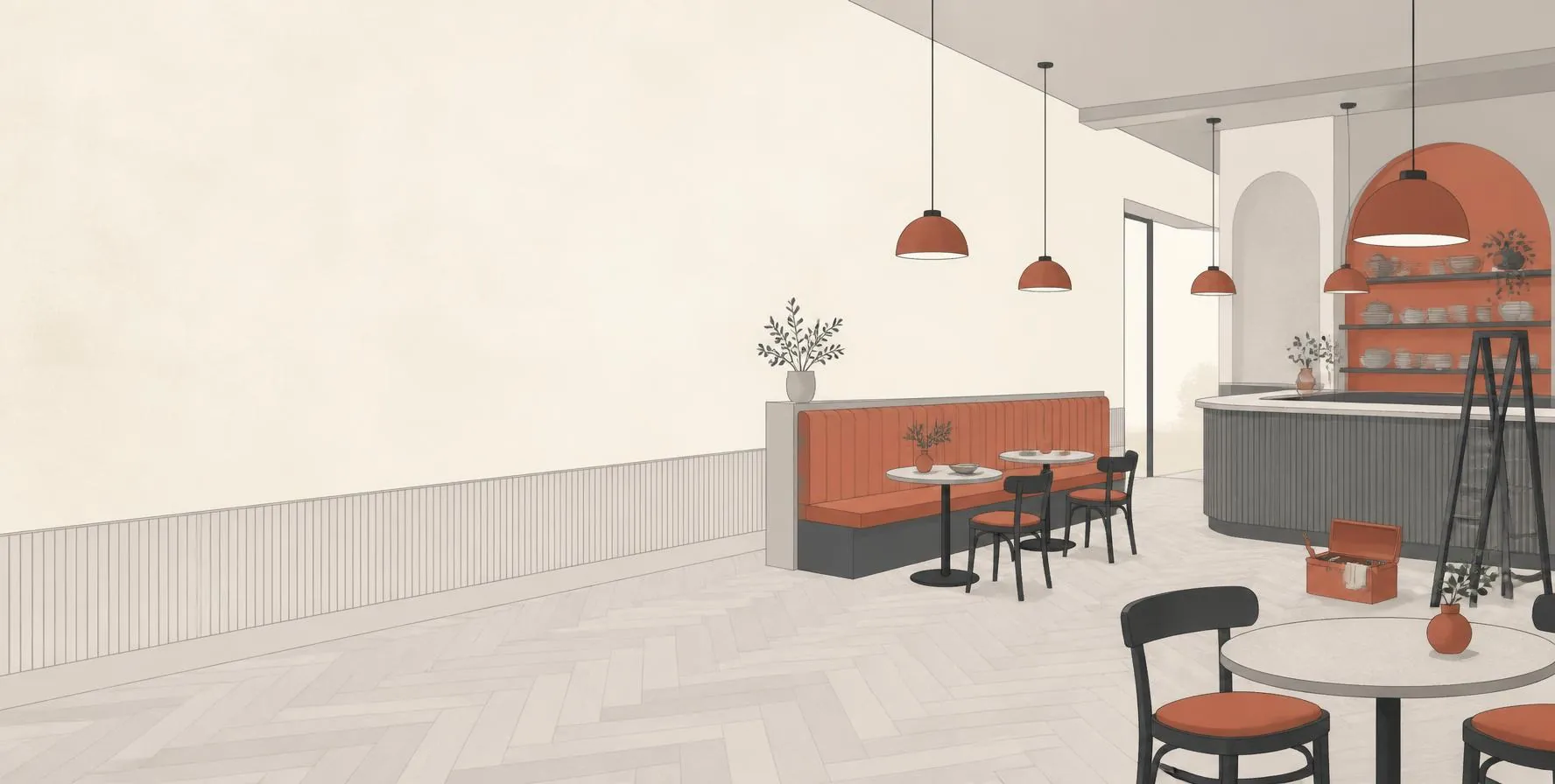 Illustration of a restaurant fit-out with booth seating and pendant lamps